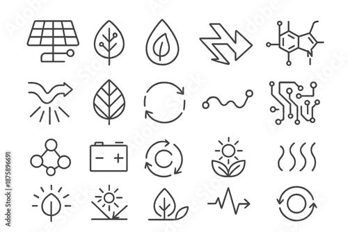 Organic Energy Icon Set. Line style icons of Organic Energy Conversion: solar cell, leaf circuit, biofuel drop, energy arrow,