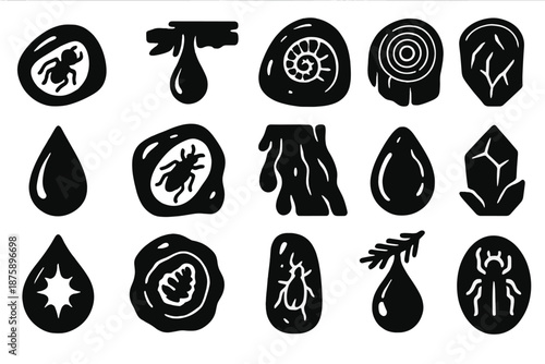 Nature's Time Capsules. Solid style icons of Nature’s time capsules: amber stone, forest resin, fossil inclusion, tree core,