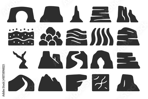 Geologic Formations Icons. Solid style icons of Geologic Formations: canyon arch, mesa, spire, rock layer, cliff face, sediment