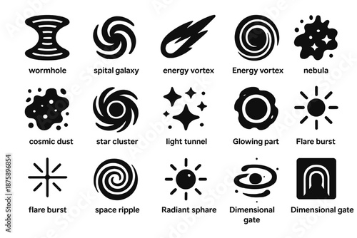 Cosmic Phenomena Icons. Solid style icons of Cosmic Phenomena: wormhole, spiral galaxy, meteor streak, energy vortex, nebula,