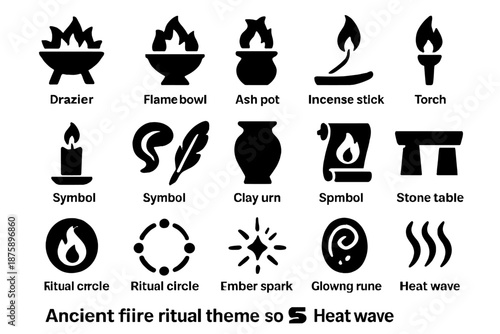 Ancient Fire Ritual Icons. Solid style icons of Ancient Fire Ritual: brazier, flame bowl, ash pot, incense stick, torch, candle,