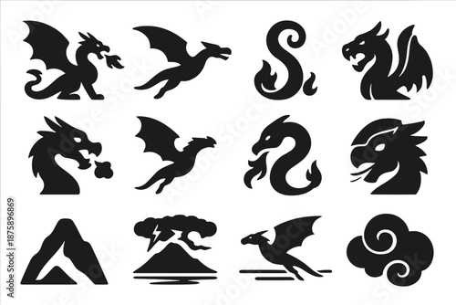 Flying Dragon Icons. Solid style icons of Flying Dragons: dragon, wing spread, fire breath, curled tail, claw, scaled body, horned
