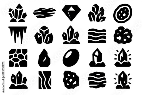 Solid Mineral Icons. Solid style icons of Mineral Formations: crystal cluster, quartz vein, gem, geode, calcite, stalactite,