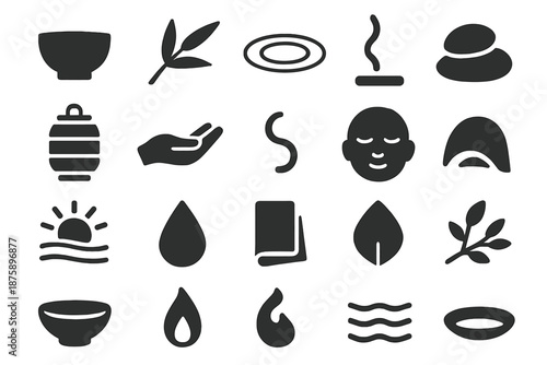Harmony Icons Collection. Solid style icons of Harmony and Mindfulness: tea bowl, bamboo leaf, ripple, incense smoke, rock, paper