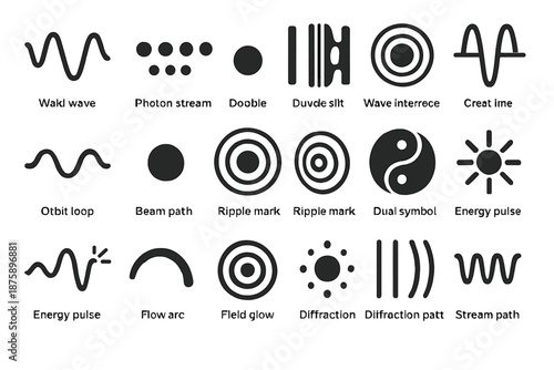 Wave-Particle Duality Icons. Solid style icons of Wave and Particle Duality: light wave, photon stream, double slit, wave