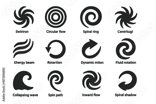 Vortex Motion Icons. Solid style icons of Vortex Motion: swirl pattern, circular flow, spiral ring, whirlpool shape, current wave,