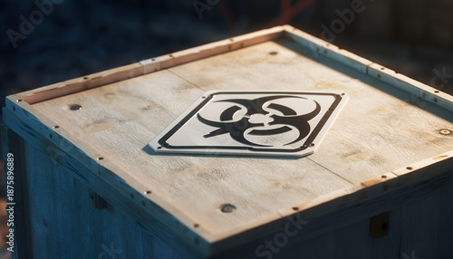 Wooden crate displays biohazard symbol closeup shipping logistics packaging handling dark