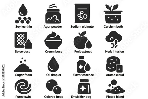 Solid Gastronomic Icons. Solid style icons of Gastronomic Ingredients: soy lecithin, agar powder, sodium alginate, calcium bath,
