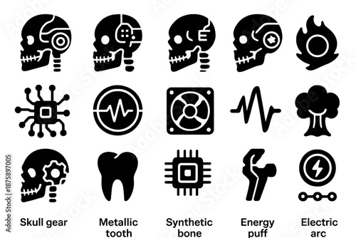 Cybernetic Skull Icons. Solid style icons of Cybernetic Skull: robotic jaw, glowing eye, steel plate, wire mesh, mechanical spine,