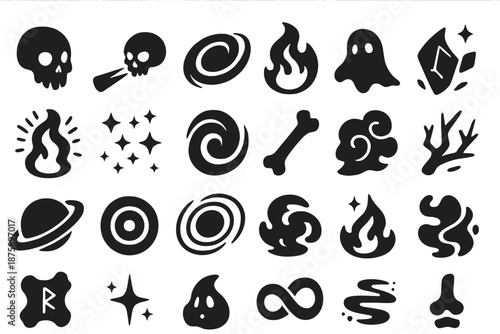 Space Necromancy Icons. Solid style icons of Space Necromancy: floating skull, cosmic beam, black hole ring, void flame, ghost