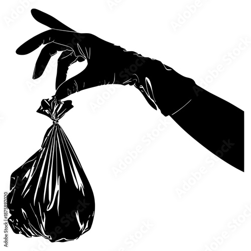 Hand holds black trash bag over a plain background