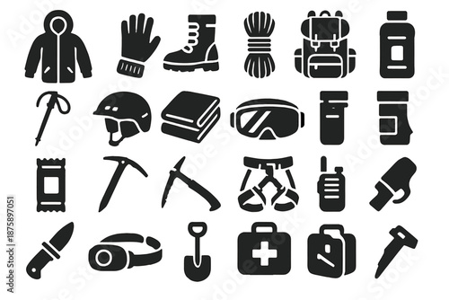 Winter Survival Icons. Solid style icons of Winter Survival Gear: insulated coat, thermal glove, snow boots, rope coil, backpack