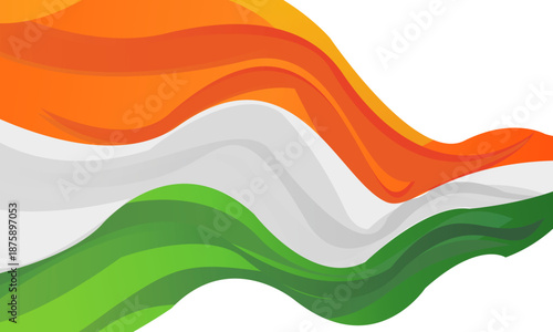 Abstract flowing tricolor wave in saffron, white and green inspired by the Indian national flag, forming a modern patriotic background with smooth layered curves on white