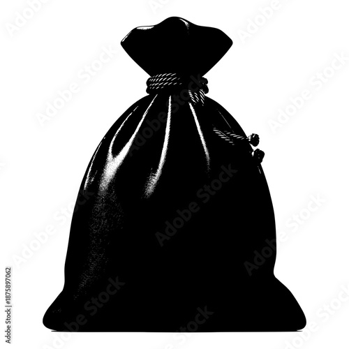 Black bag with tied top placed on a flat surface in a simple setting