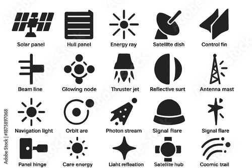 Spacecraft Propulsion Icons. Solid style icons of Spacecraft Propulsion: solar array, hull panel, energy ray, satellite dish,