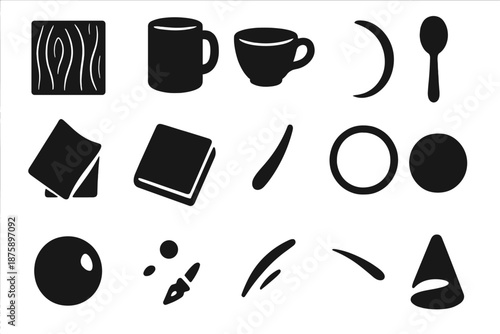 Tabletop Details Icons. Solid style icons of Tabletop Details: wooden table, coffee mug, ceramic cup, plate edge, spoon curve,