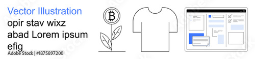 Cryptocurrency, e-commerce, web development, financial growth, clothing industry, and digital interfaces. Bitcoin plant, shirt and website layout in linear design. Cryptocurrency and e-commerce