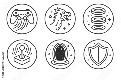 Cyber Fantasy Icons. Line style circular vector icons of cyber fantasy: controller with neon trails, pixel dragon roar, levitating