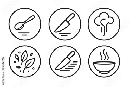 Levitating Culinary Tools. Line style circular vector icons of culinary imagination: levitating spoon, hovering knife,