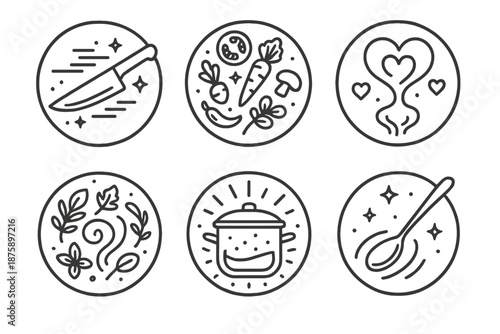 Culinary Magic Icons. Line style circular vector icons of culinary magic: chef knife slicing air, levitating vegetables, steam