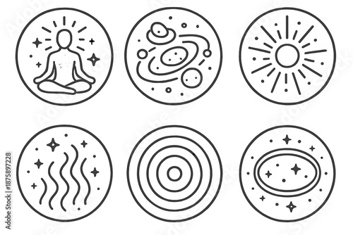 Inner Universe Icons. Line style circular vector icons of inner universe: meditating body radiating starlight, stones in orbit,