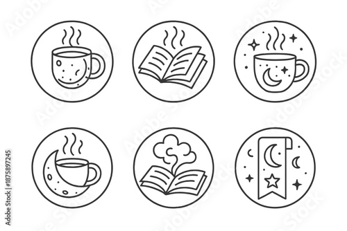 Lunar Reading Icons. Line style circular vector icons of lunar reading: moon-shaped coffee mug, floating book pages orbiting steam
