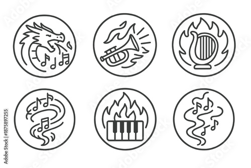 Musical Flames Icons. Line style circular vector icons of tune and flame: dragon’s breath forming notes, glowing trumpet sound,