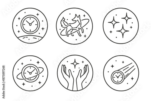 Celestial Time Icons. Line style circular vector icons of temporal cosmos: floating clock sphere, fox constellation orbit, glowing