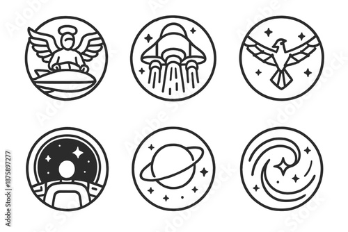 Galactic Legends Icons. Line style circular vector icons of galactic legends: winged being steering ship, glowing thrusters,