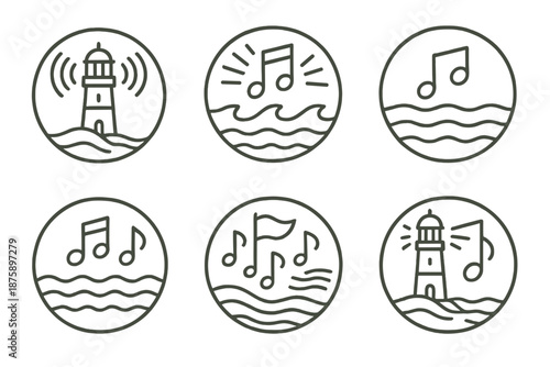 Coastal Symphony Icons. Line style circular vector icons of coastal symphony: lighthouse radiating sound, glowing music beams over