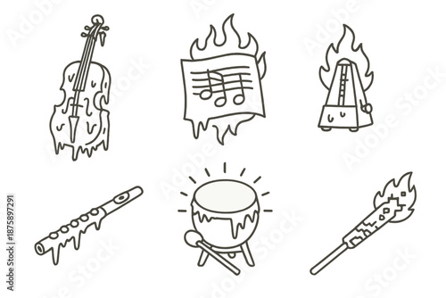 Frosty Fire Orchestra Icons. Line style icons of Frosty Fire Orchestra: ice-covered cello, flaming sheet music, tiny burning
