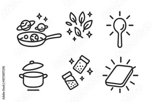 Intergalactic Cooking Icons. Line style icons of Intergalactic Recipe: frying pan with tiny planets, sparkles of herbs, glowing
