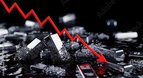 Silver Bullion Bars Sinking into Black Liquid with Downward Red Arrow Representing Market Crash