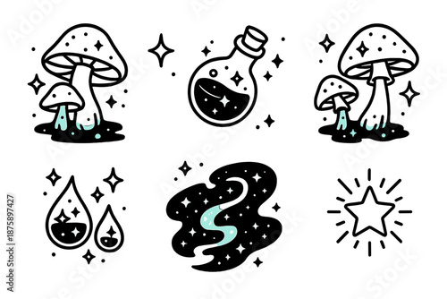 Cosmic Fungi Icons. Line style icons of Cosmic Fungi: mushrooms glowing with cosmic liquids, floating potion bottles, glowing