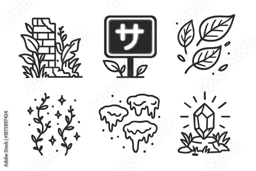 Cyber Nature Icons. Line style icons of Cyber Nature: ruins overgrown with plants, glowing neon signs, floating leaves, tiny