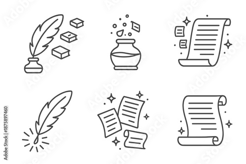 Writer's Universe Icons. Line style icons of Writer’s Universe: quill with floating books, glowing ink splashes, tiny hovering