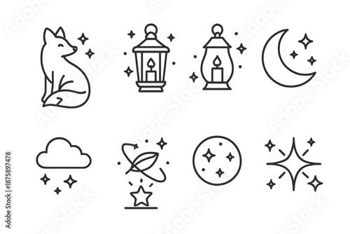 Celestial Lantern Icons. Line style icons of Starry Lanterns: fox, glowing lanterns, crescent moon, floating cloud, orbiting leaf,