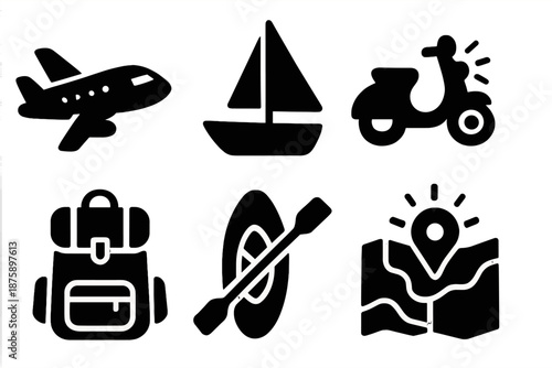Tropical Adventure Icons. Solid style icons of tropical adventure in : airplane, prism boat, glowing scooter, radiant backpack,