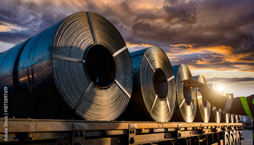 Steel coils inspect cargo on trailer at sunset industrial logistics