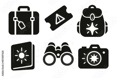 Whimsical Adventure Icons. Solid style icons of whimsical adventure objects in : suitcase, prism ticket, glowing backpack, radiant