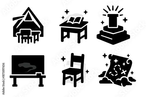 Fantasy Classroom Icons. Solid style icons of fantasy learning landscapes in : prism classroom, glowing desk, radiant podium,
