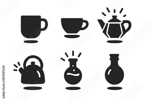 Levitating Comfort Objects. Solid style icons of levitating comfort objects in : floating mug, hovering cup, prism teapot, radiant