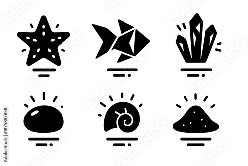 Levitating Marine Icons. Solid style icons of levitating marine objects in : floating starfish, hovering origami, prism coral,