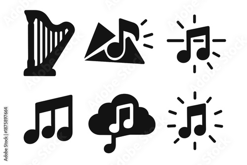 Whimsical Musical Icons. Solid style icons of whimsical musical objects in : harp, prism note, glowing string, radiant chord,