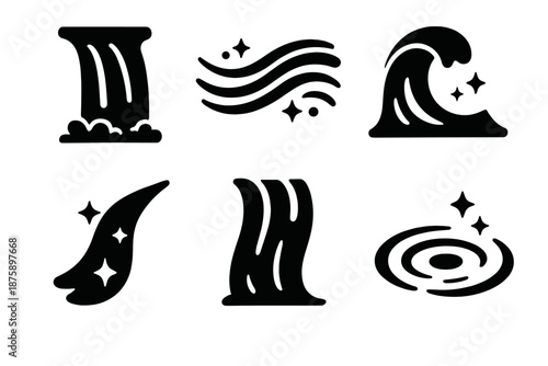 Magical Water Effects. Solid style icons of magical water effects in : waterfall, glowing current, prism wave, radiant flow,