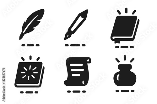 Levitating Writing Tools. Solid style icons of levitating writing tools in : quill, prism pen, glowing notebook, radiant journal,