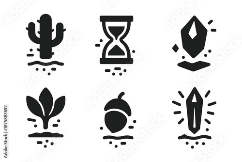 Levitating Desert Icons. Solid style icons of levitating desert objects in : floating cactus, hovering hourglass, prism rock,