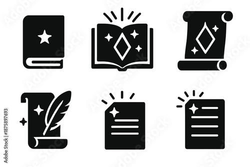 Magical Knowledge Icons. Solid style icons of magical knowledge in : book, glowing page, prism manuscript, radiant quill, ethereal
