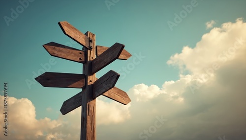 Wooden directional signpost with multiple blank arrow signs pointing different ways against cloudy sky. Represents making choices, exploring new paths, finding direction. Offers opportunity for