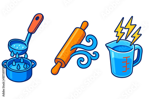 Weather Kitchen Tools. Isometric vector illustration set Weather-Changing Kitchen Utensils: ladle pouring rain into a pot, rolling